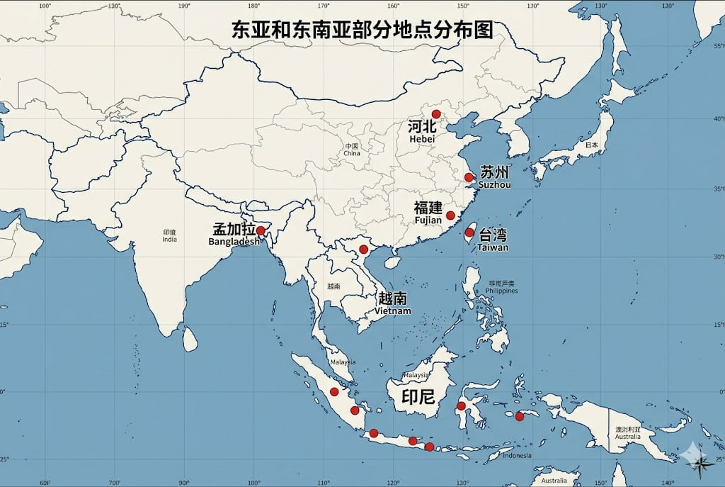A world map highlighting different textile manufacturing regions